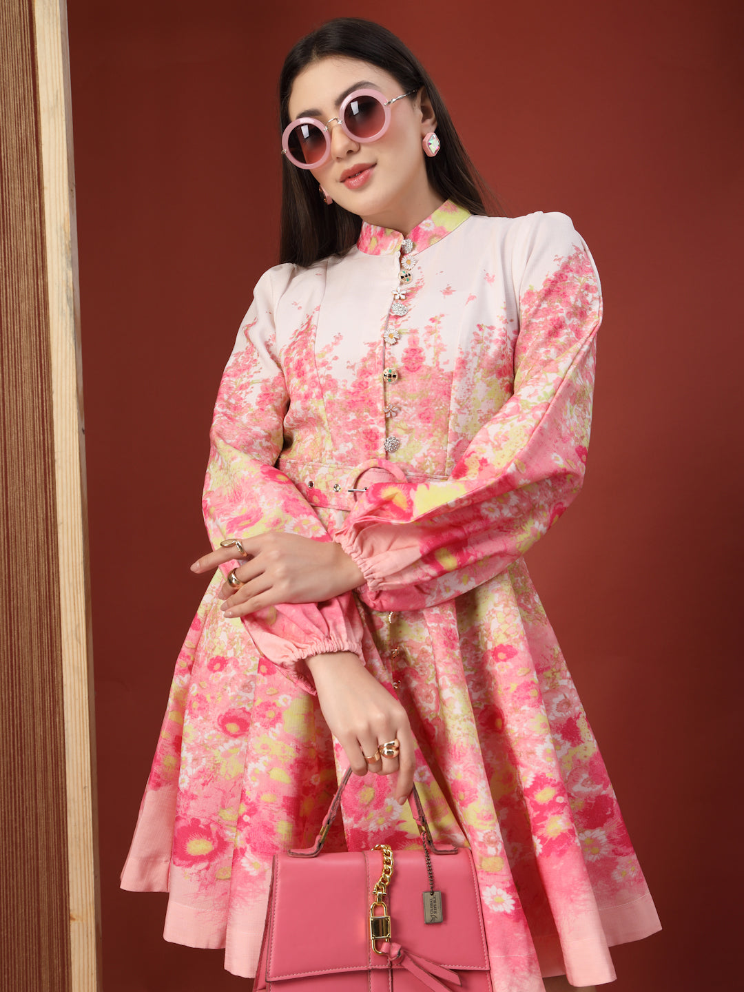 Thirty Threads Floral Printed Mandarin Collar Bishop Sleeve Fit & Flare Dress
