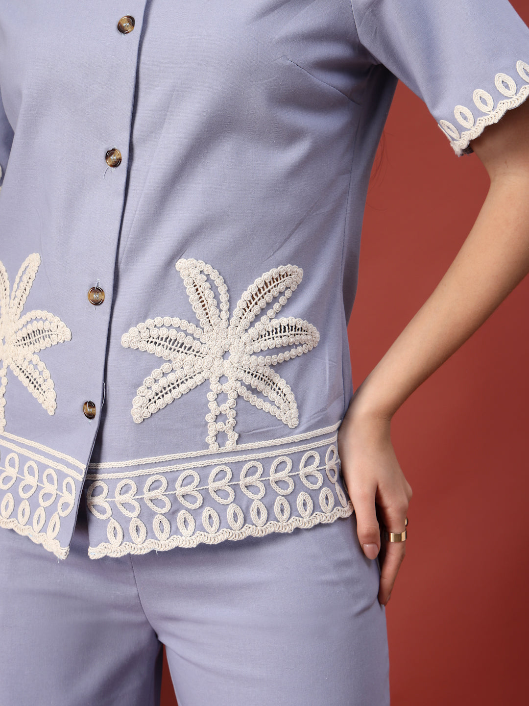 Thirty Threads Womens Beige Embroidered Round Neck Regular Co-Ord Set