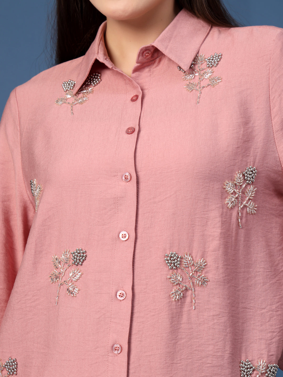 Thirty Threads Womens Peach Embellished Collar Neck Regular Co-Ord Set