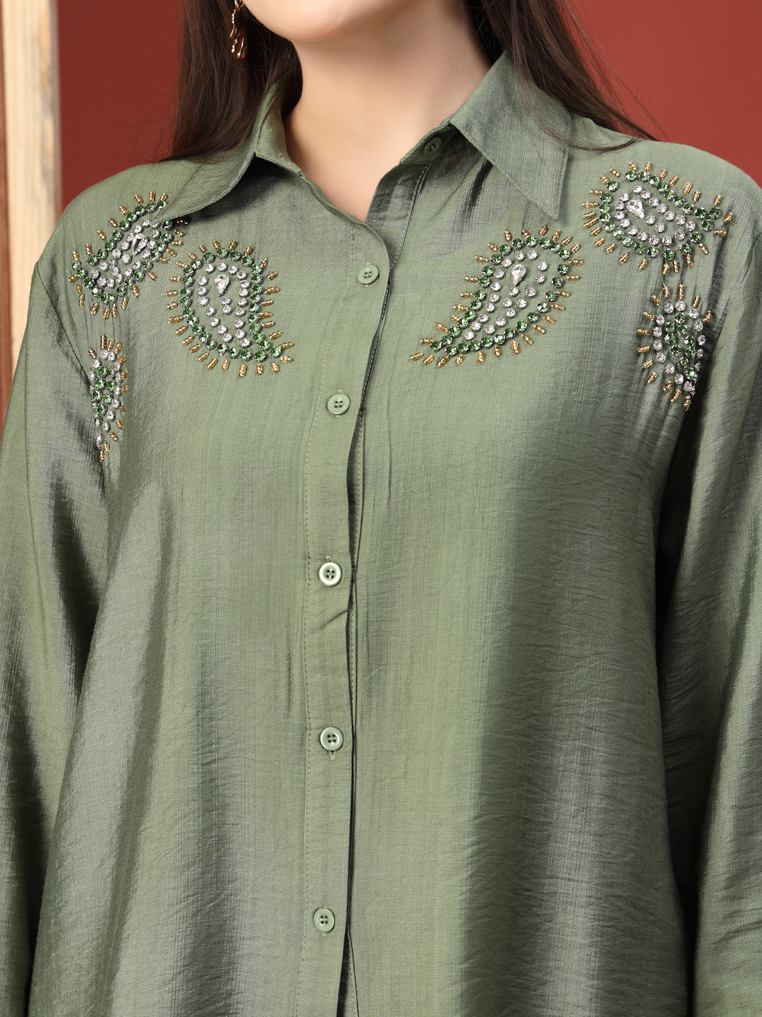 Thirty Threads Womens Brown Embellished Collar Neck Regular Co-Ord Set