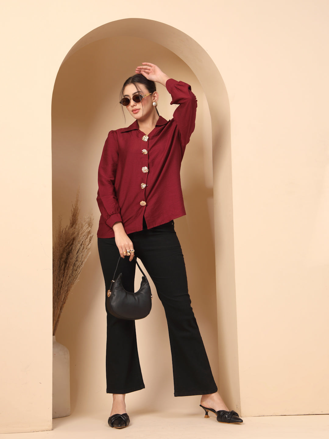Thirty Threads Womens Royal Blue Solid Collar Neck Long Sleeve Regular Length Shirt