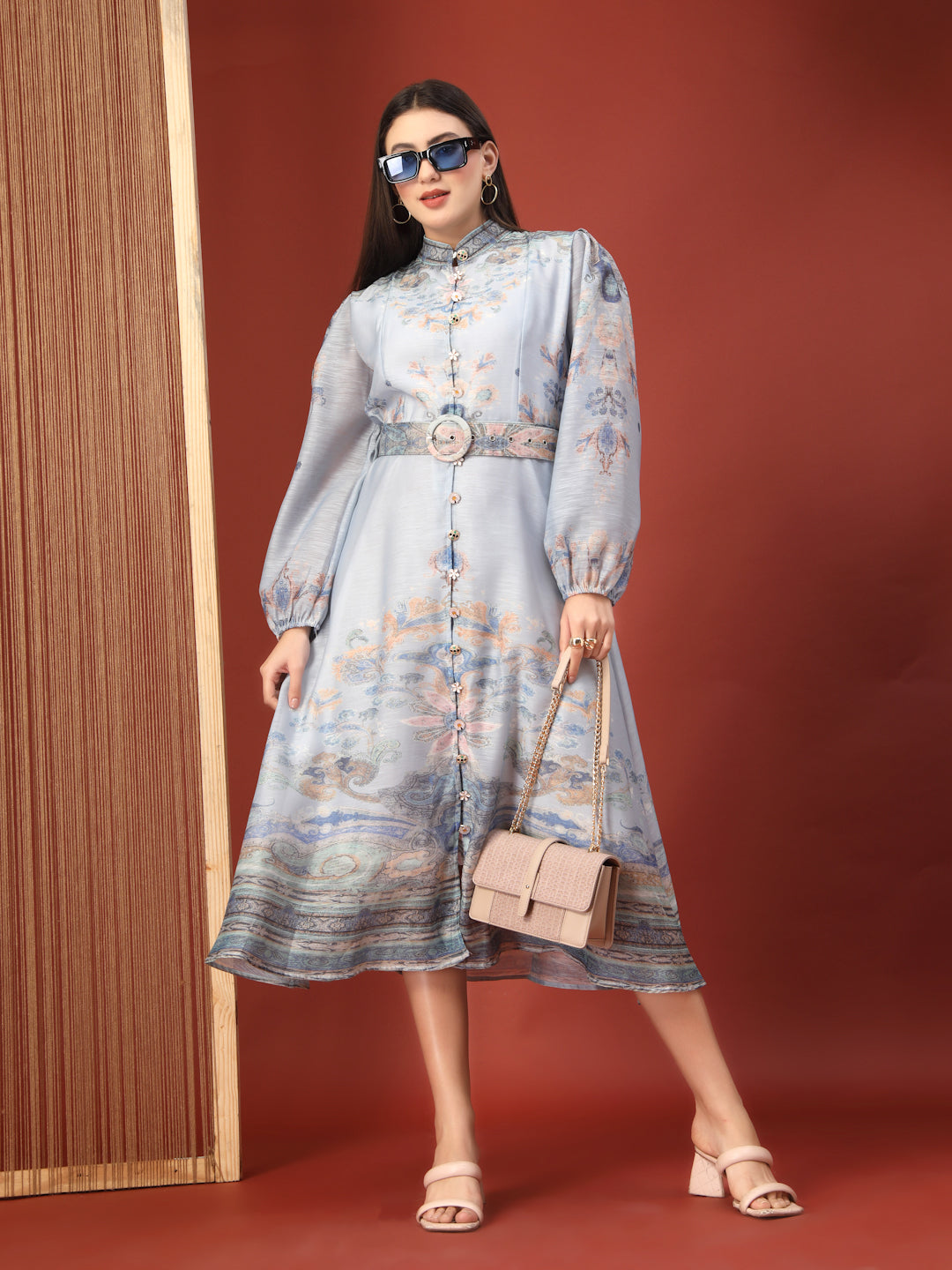 Thirty Threads Womens Multi Floral Mandrain Collar Calf Length Dress