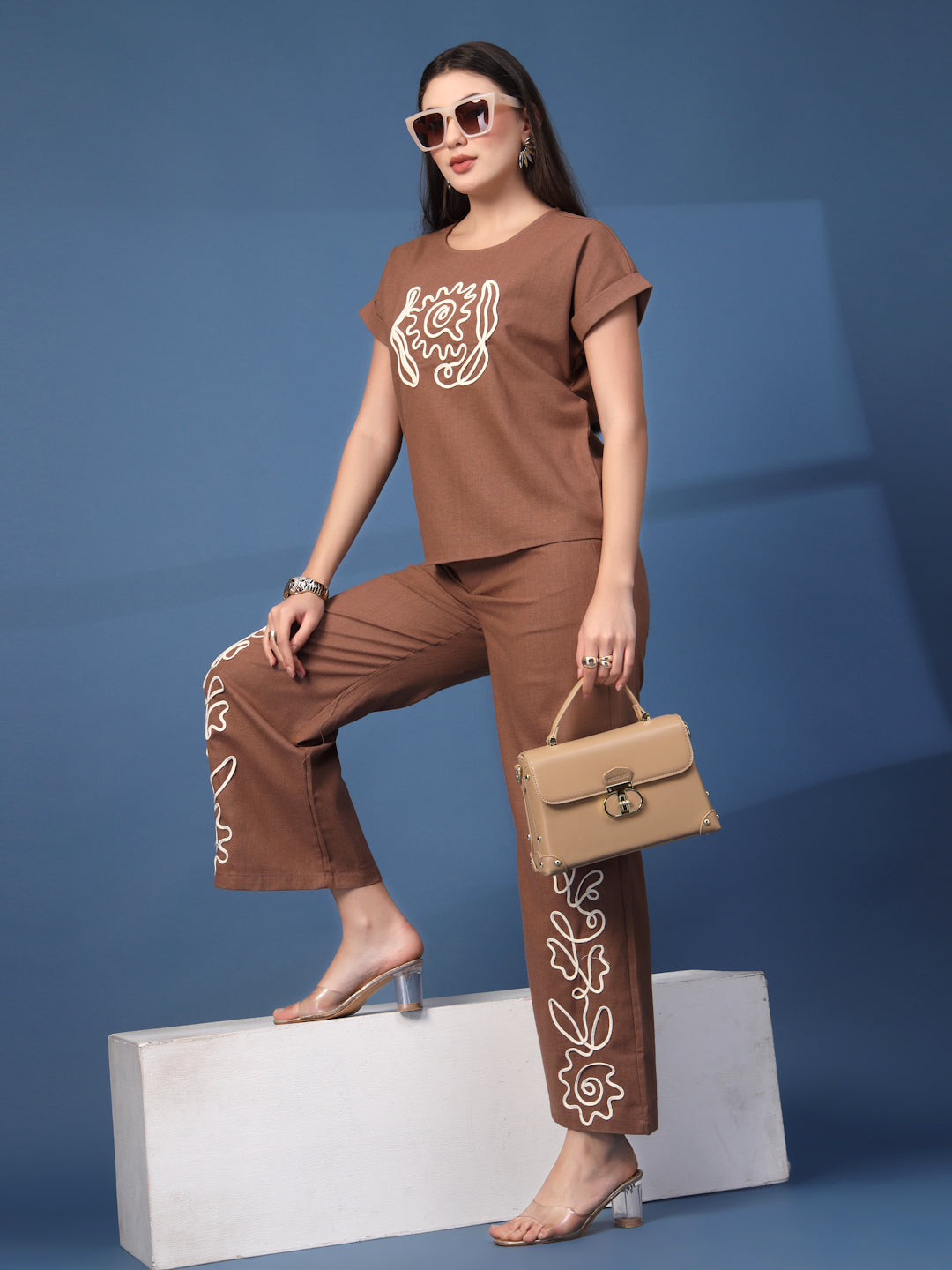 Thirty Threads Womens Brown Embroidered Round Neck Regular Co-Ord Set