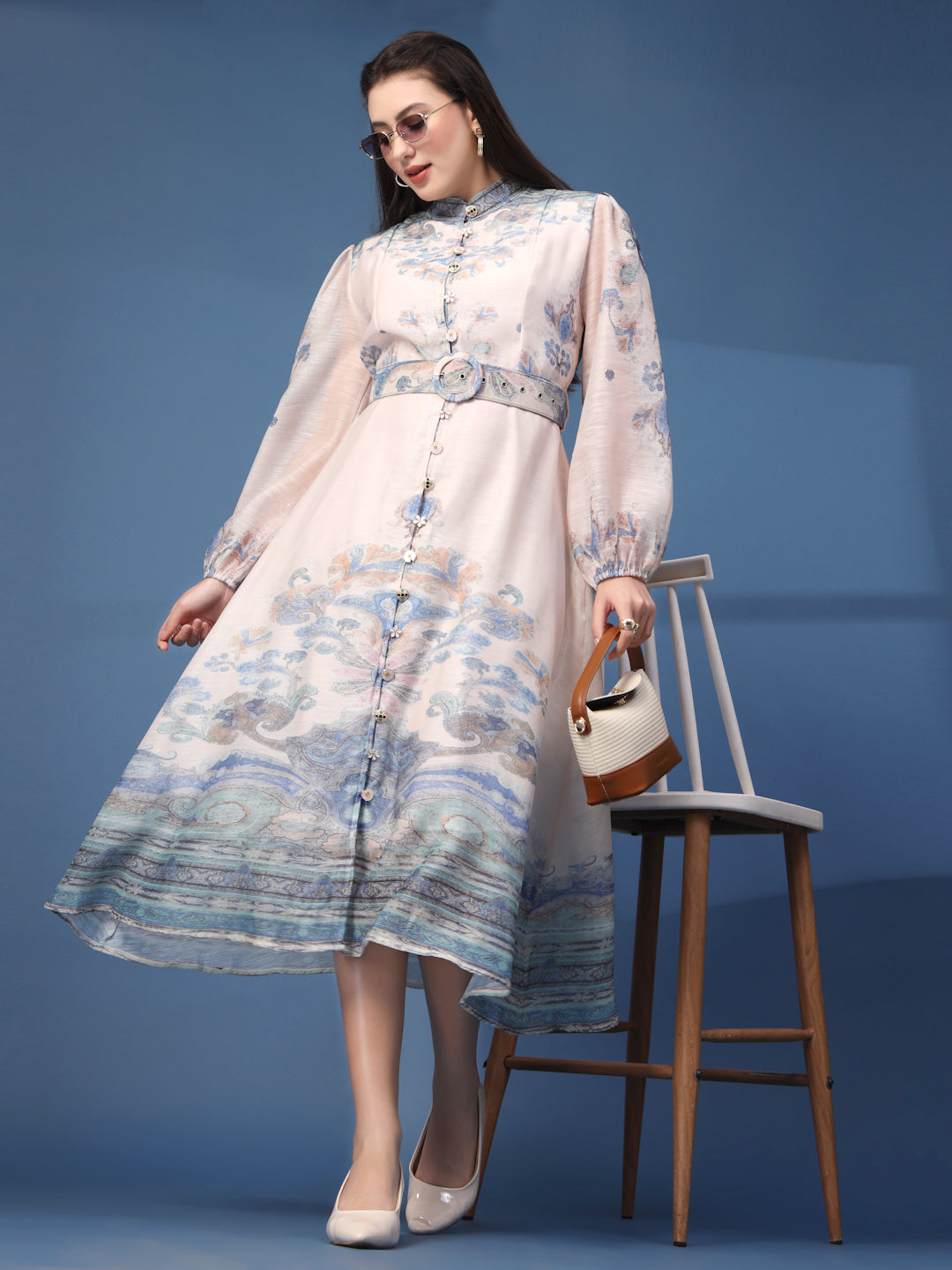 Thirty Threads Womens Multi Floral Mandrain Collar Calf Length Dress