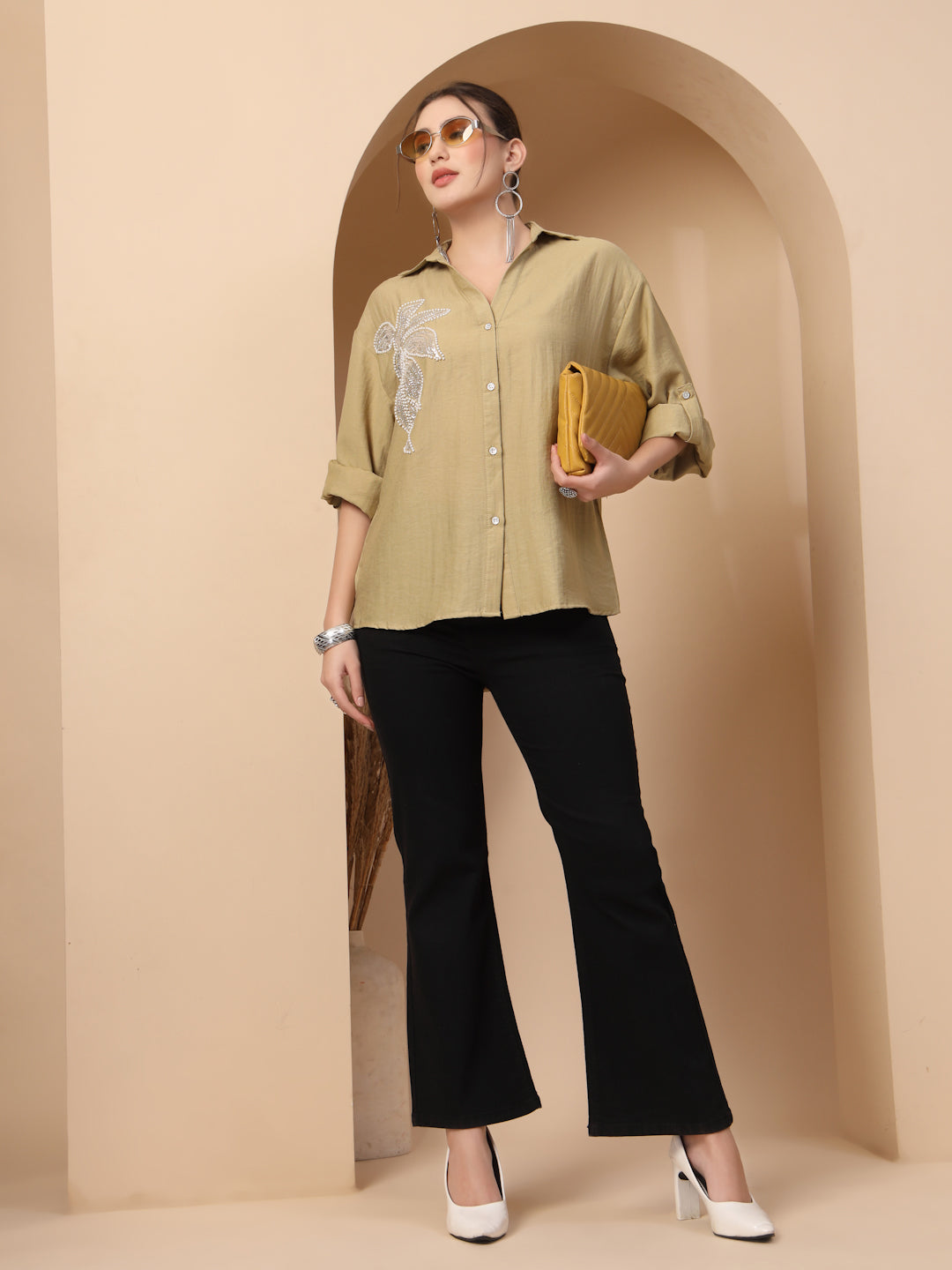Thirty Threads Comfort Floral Embellished Spread Collar Relaxed Fit Casual Shirt