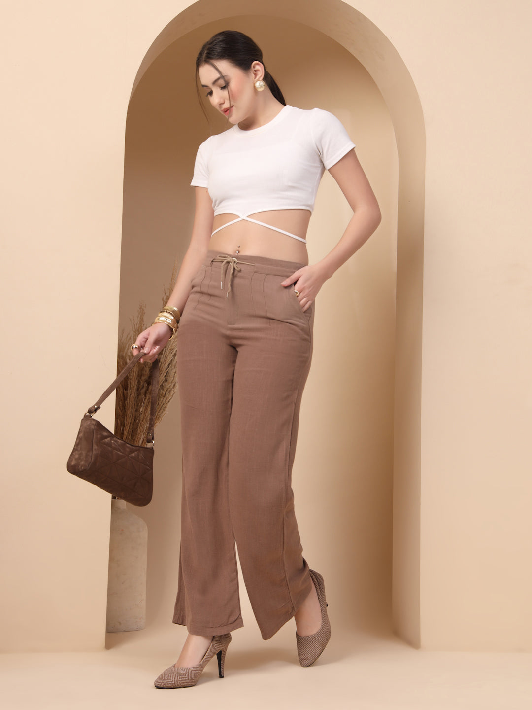 Thirty Threads Womens Brown Solid Ankle Length Palazoo