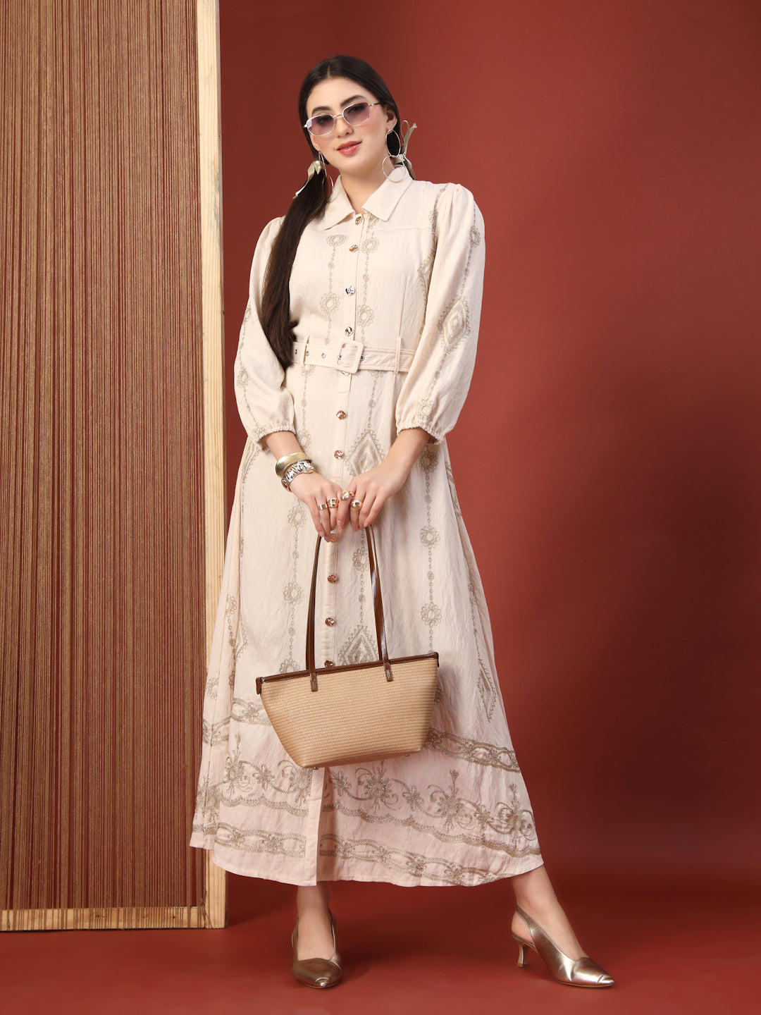 Thirty Threads Womens Oat Ethnic Motifs Collar Neck Ankle Length Dress