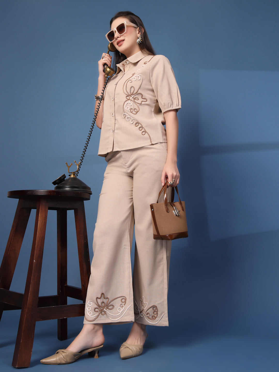Thirty Threads Womens Beige Embroidered Collar Neck Regular Co-Ord Set