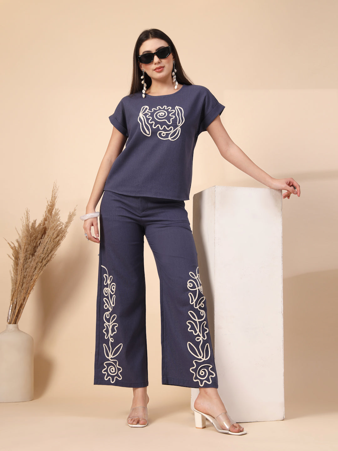 Thirty Threads Womens Blue Embroidered Round Neck Regular Co-Ord Set