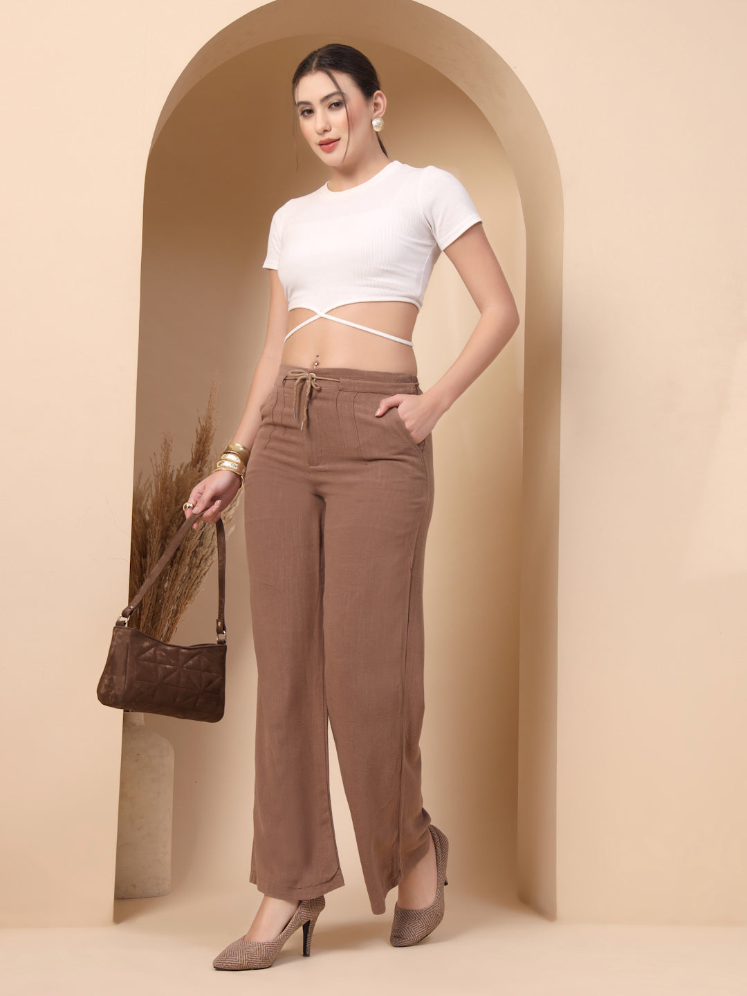 Thirty Threads Womens Beige Solid Ankle Length Palazoo