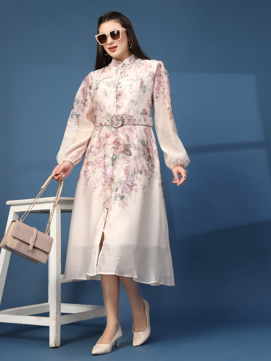 Thirty Threads Womens Multi Floral Mandrain Collar Calf Length Dress