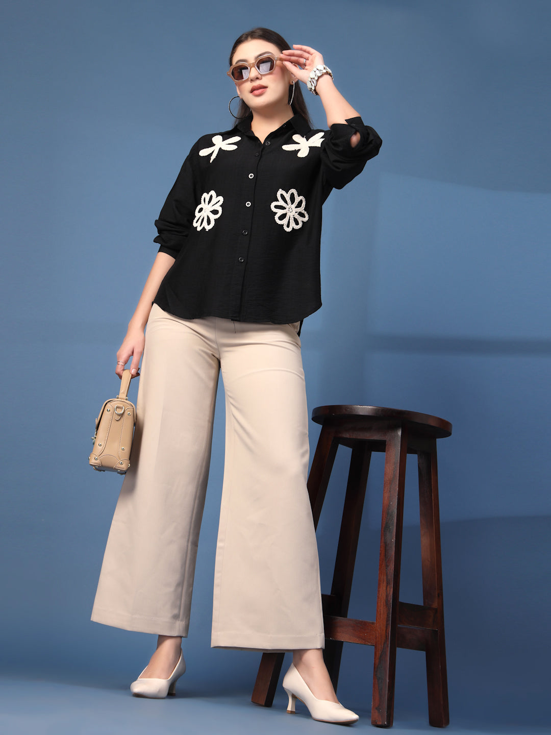 Thirty Threads Womens Black Emboirered Collar Neck Long Sleeve Regular Length Shirt
