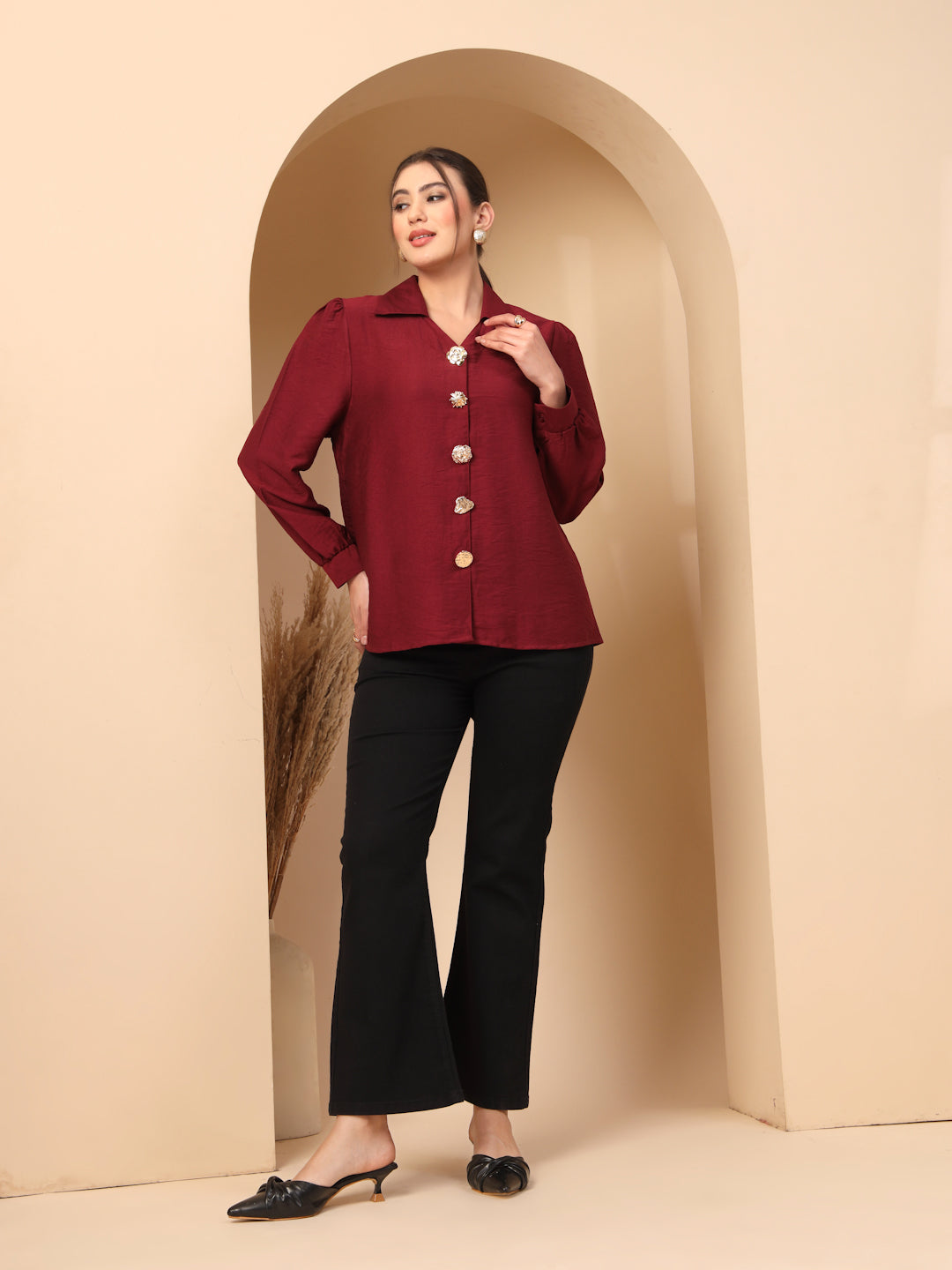 Thirty Threads Womens Beige Solid Collar Neck Long Sleeve Regular Length Shirt