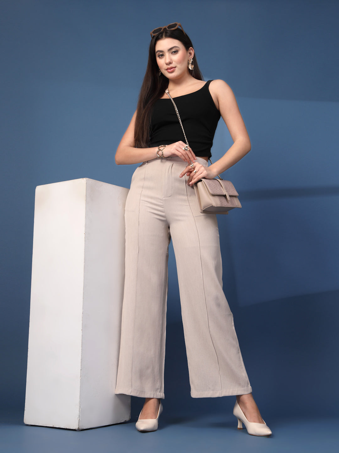 Thirty Threads Womens Beige Solid Ankle Length Palazoo