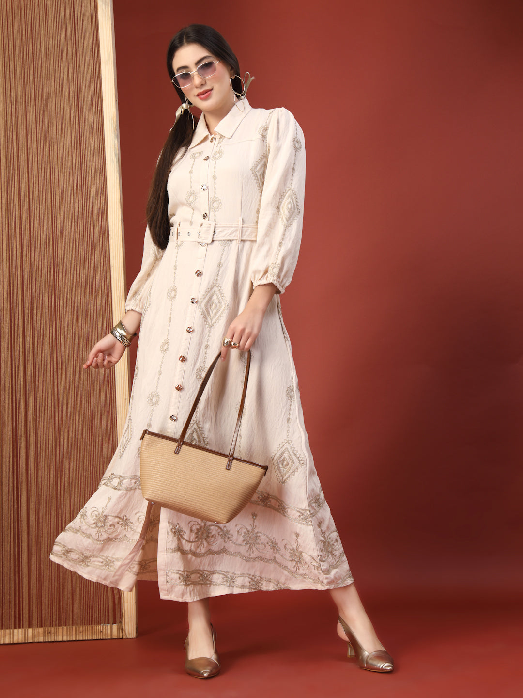 Thirty Threads Womens Oat Ethnic Motifs Collar Neck Ankle Length Dress