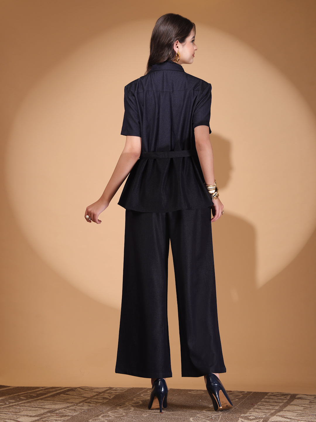 Thirty Threads Womens Demin Blue Solid Shirt Collar Neck Regular Co-Ord Set