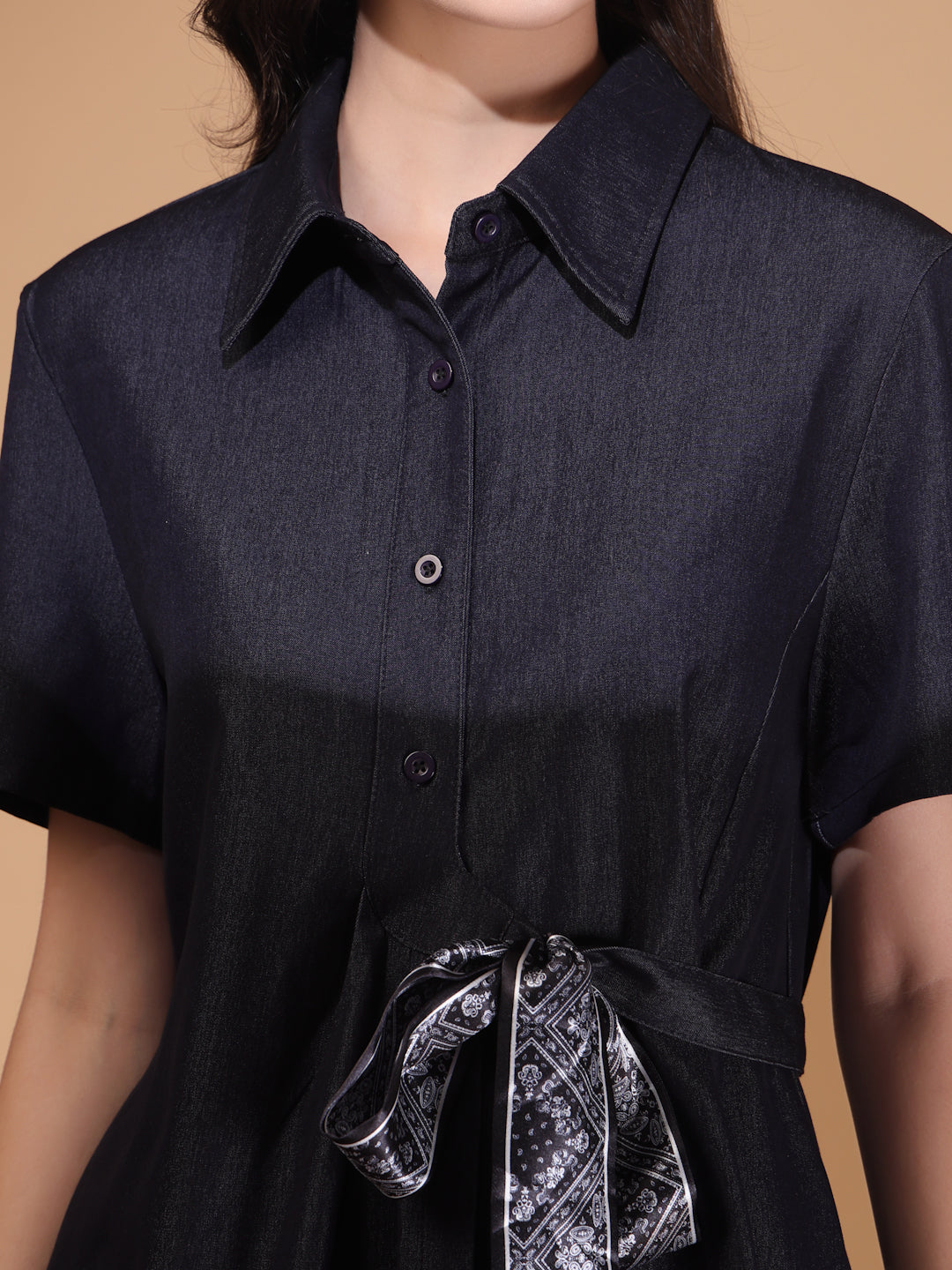 Thirty Threads Womens Demin Blue Solid Shirt Collar Neck Regular Co-Ord Set