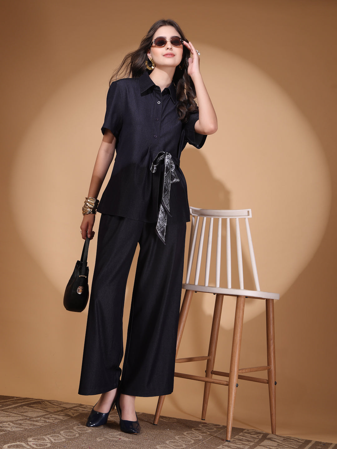 Thirty Threads Womens LT Blue Solid Shirt Collar Neck Regular Co-Ord Set