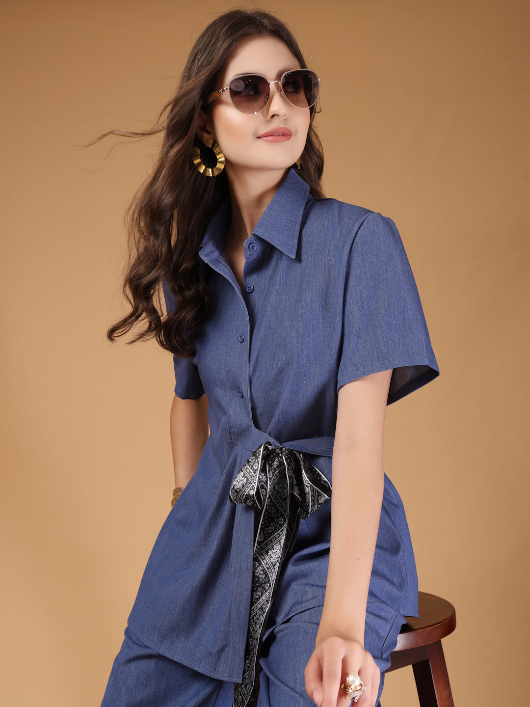 Thirty Threads Womens LT Blue Solid Shirt Collar Neck Regular Co-Ord Set
