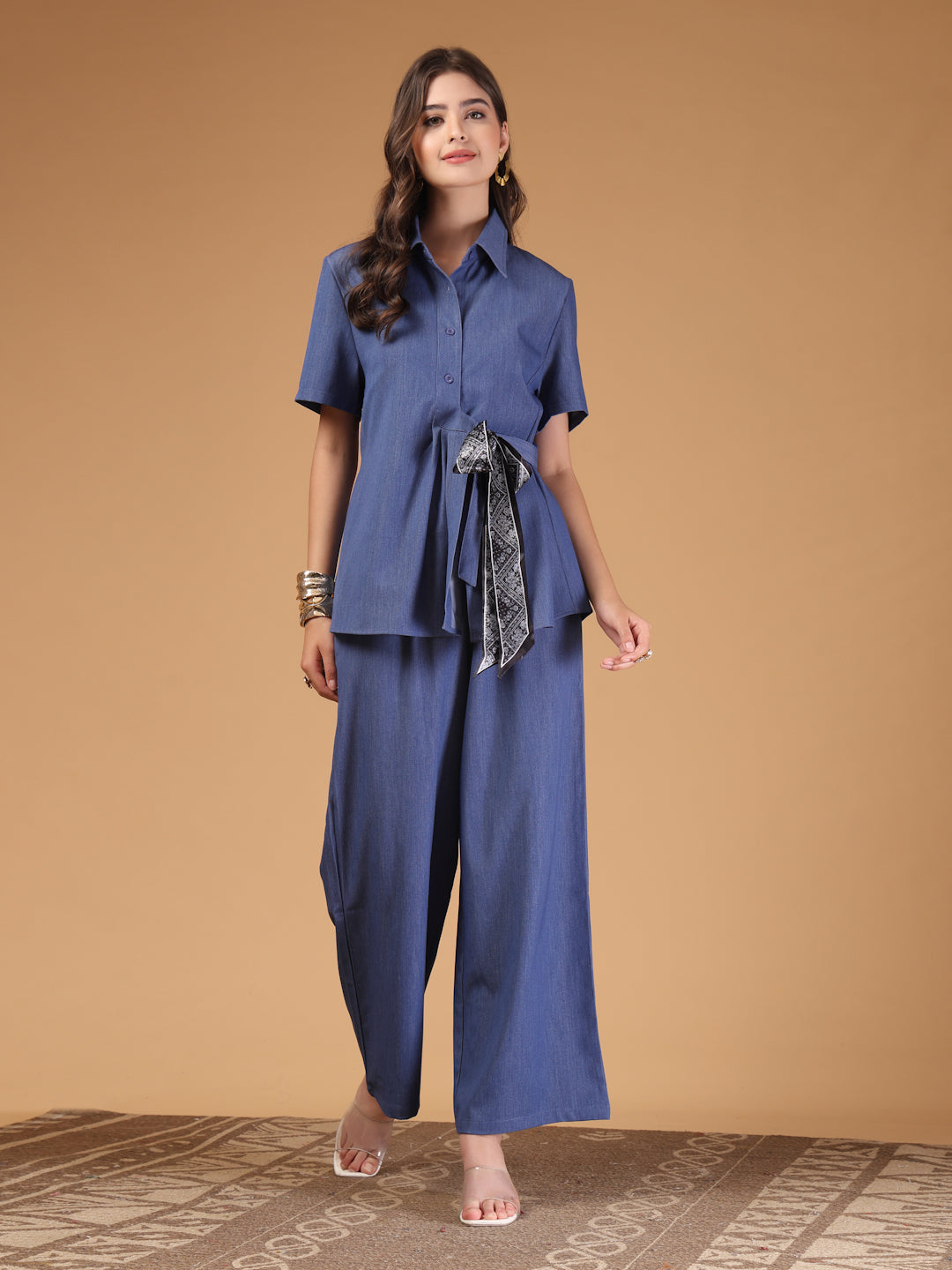 Thirty Threads Womens LT Blue Solid Shirt Collar Neck Regular Co-Ord Set