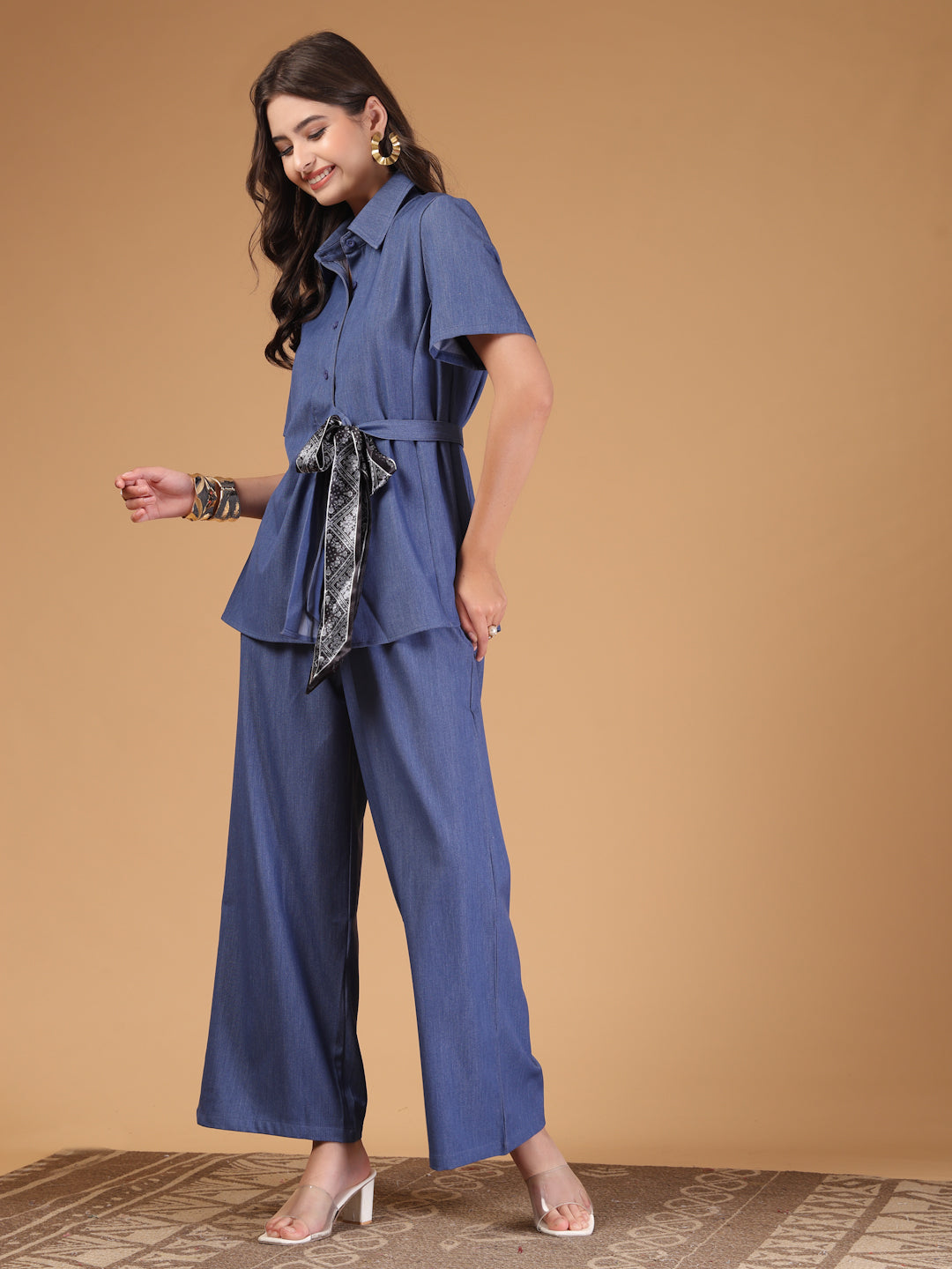 Thirty Threads Womens Demin Blue Solid Shirt Collar Neck Regular Co-Ord Set