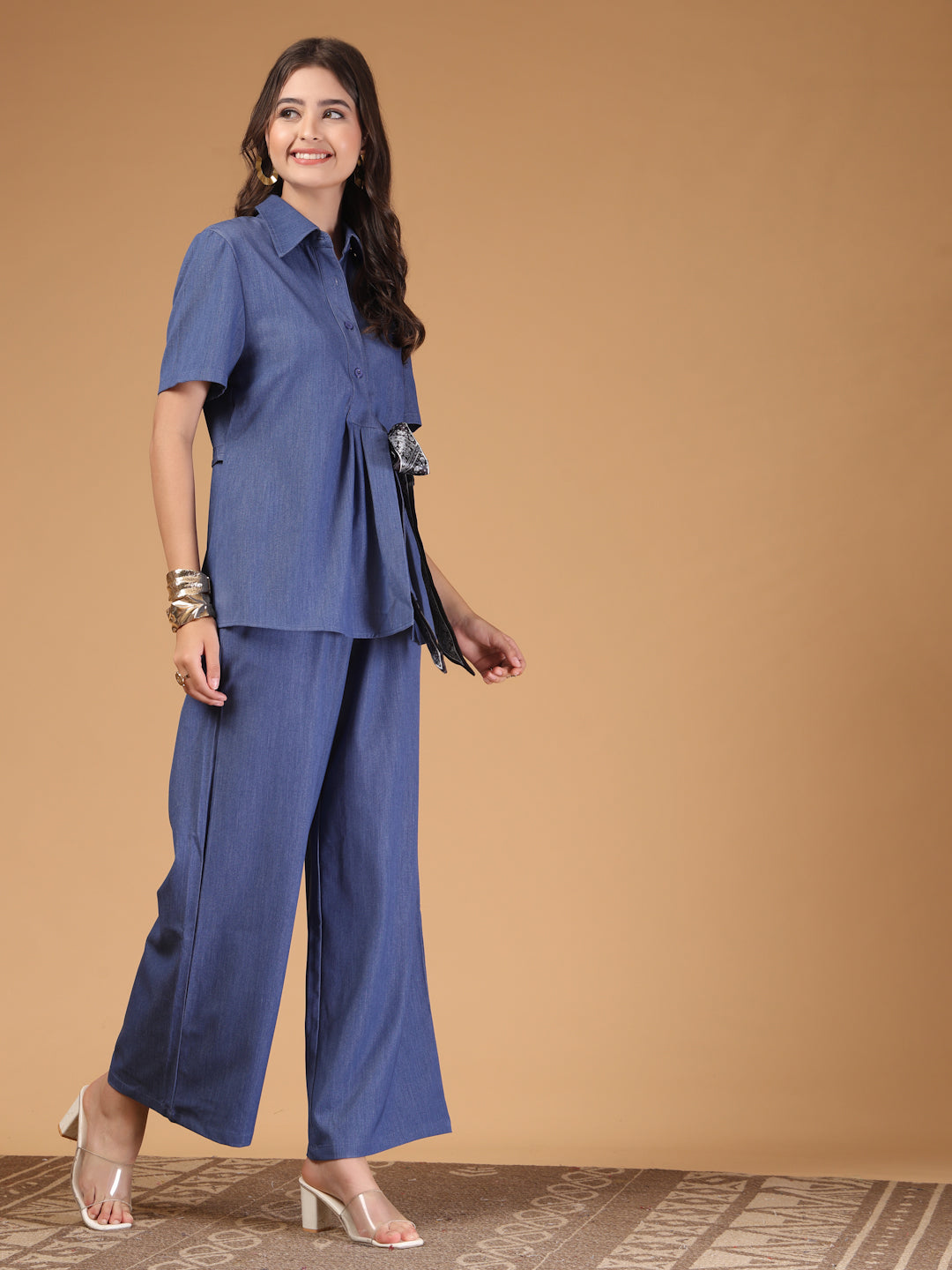 Thirty Threads Womens LT Blue Solid Shirt Collar Neck Regular Co-Ord Set