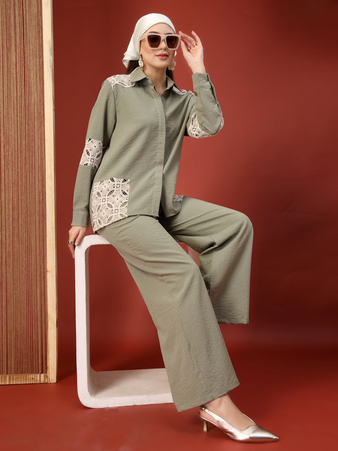 Thirty Threads Womens Beige Self Design Collar Neck Regular Co-Ord Set