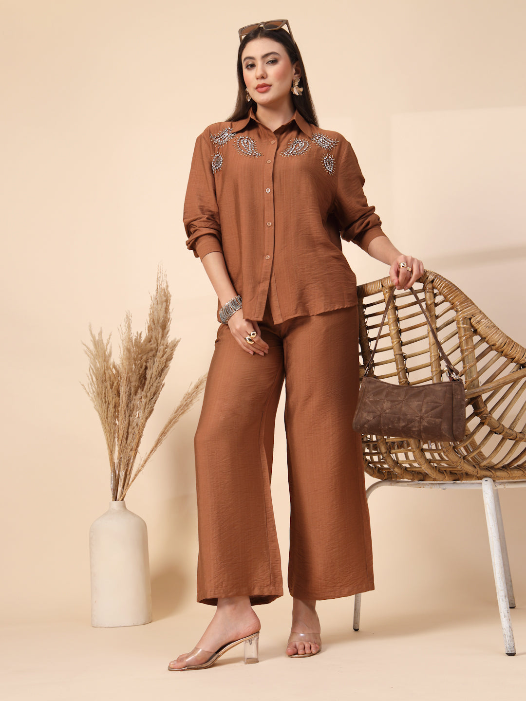 Thirty Threads Womens Brown Embellished Collar Neck Regular Co-Ord Set