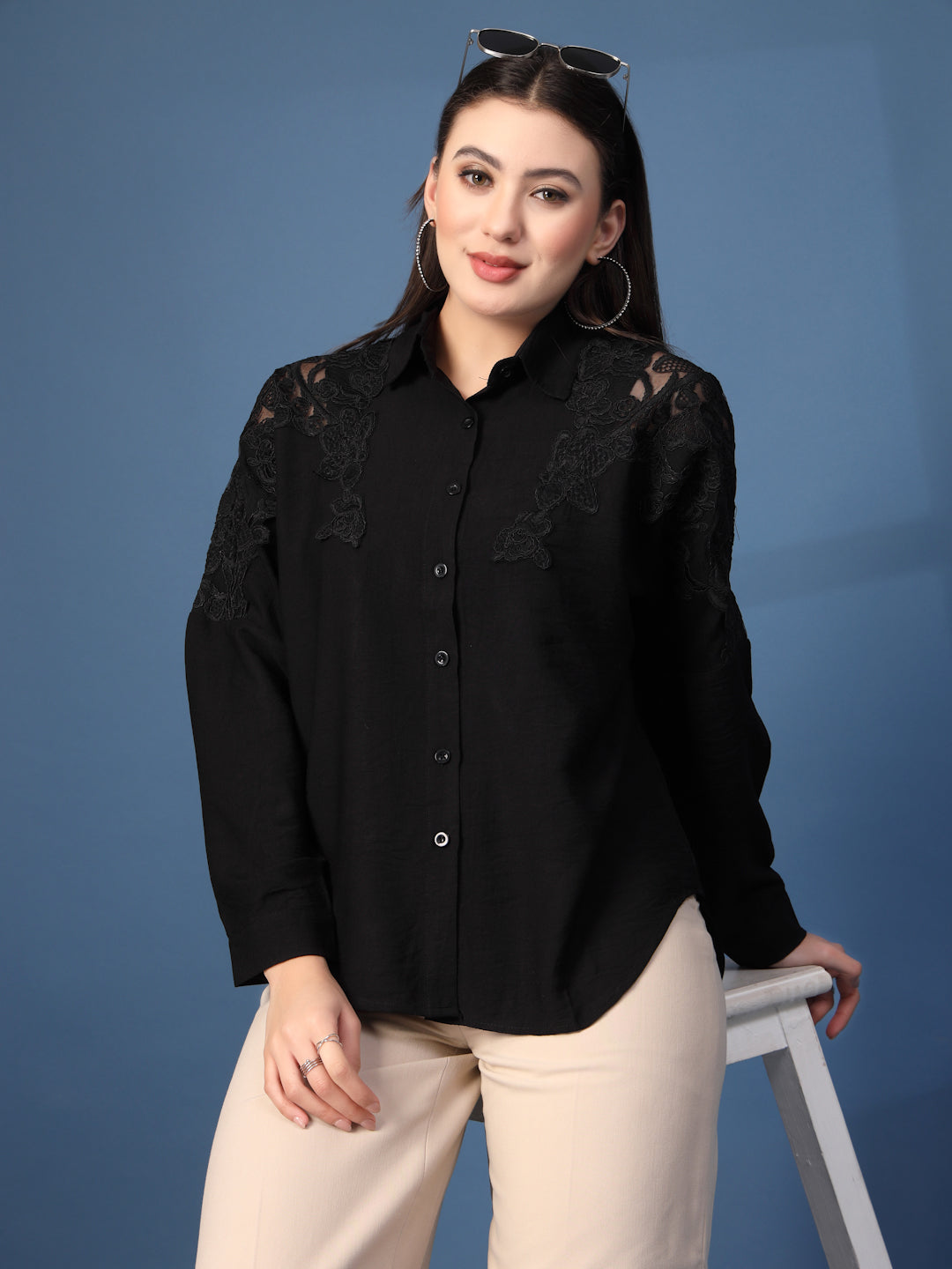 Thirty Threads Womens Peach Self Design Collar Neck Long Sleeve Regular Length Shirt