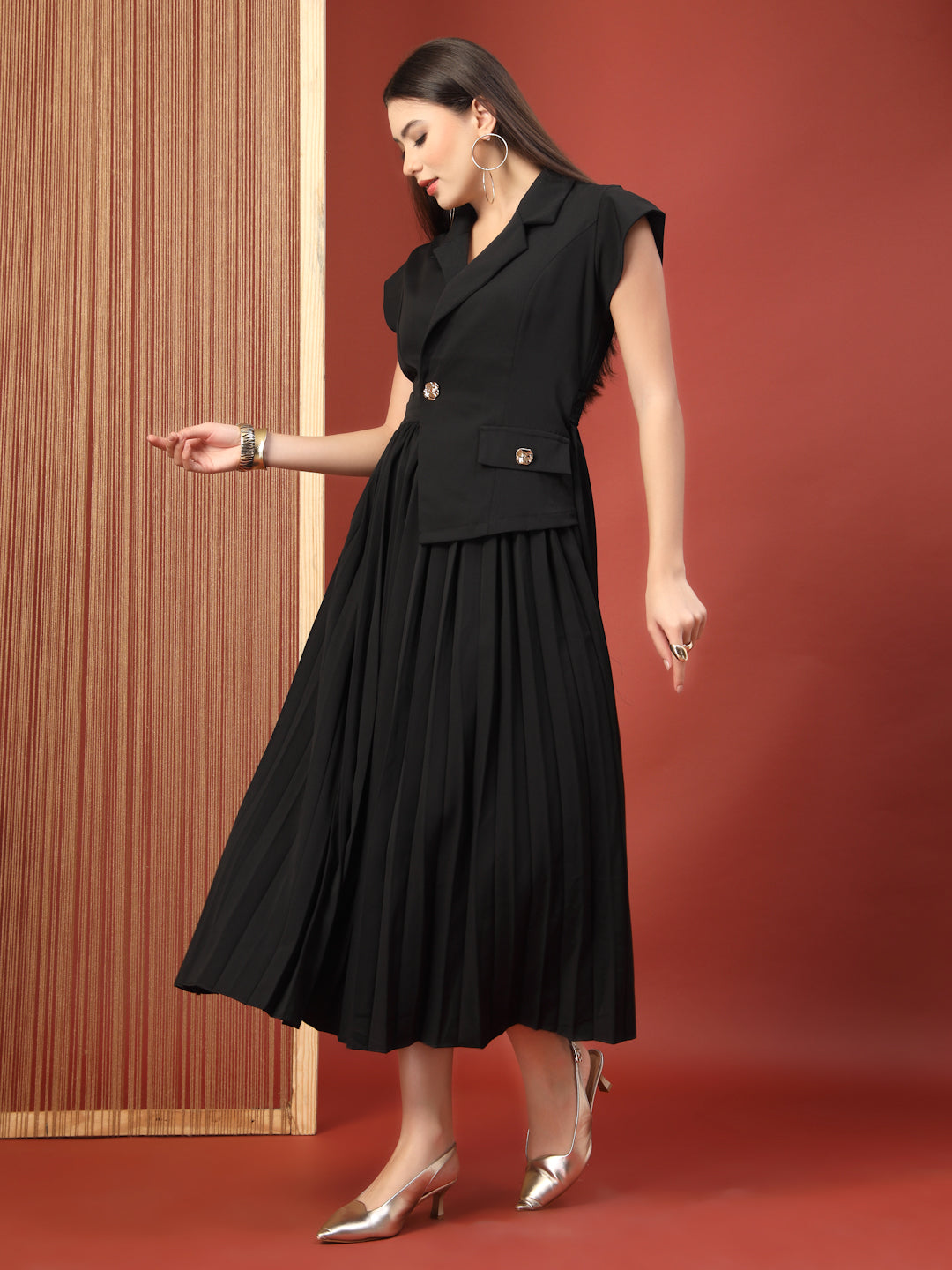 Thirty Threads Womens Black Solid Collar Neck Calf Length Dress