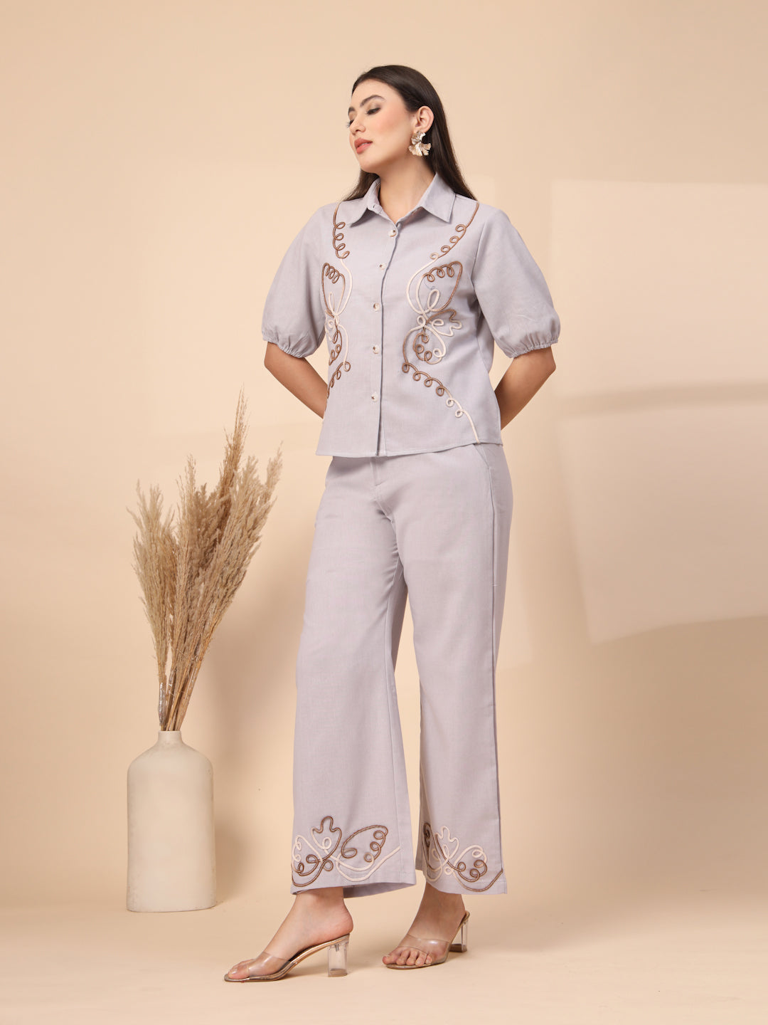 Thirty Threads Womens Beige Embroidered Collar Neck Regular Co-Ord Set