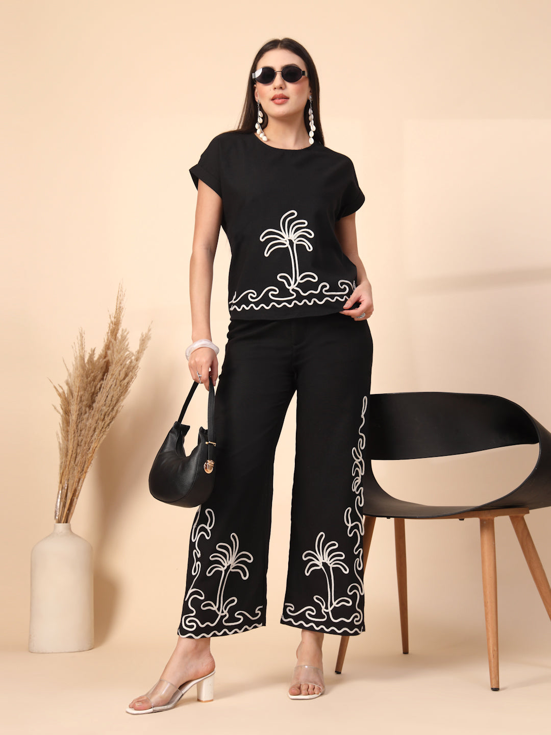 Thirty Threads Womens Green Embroidered Round Neck Regular Co-Ord Set