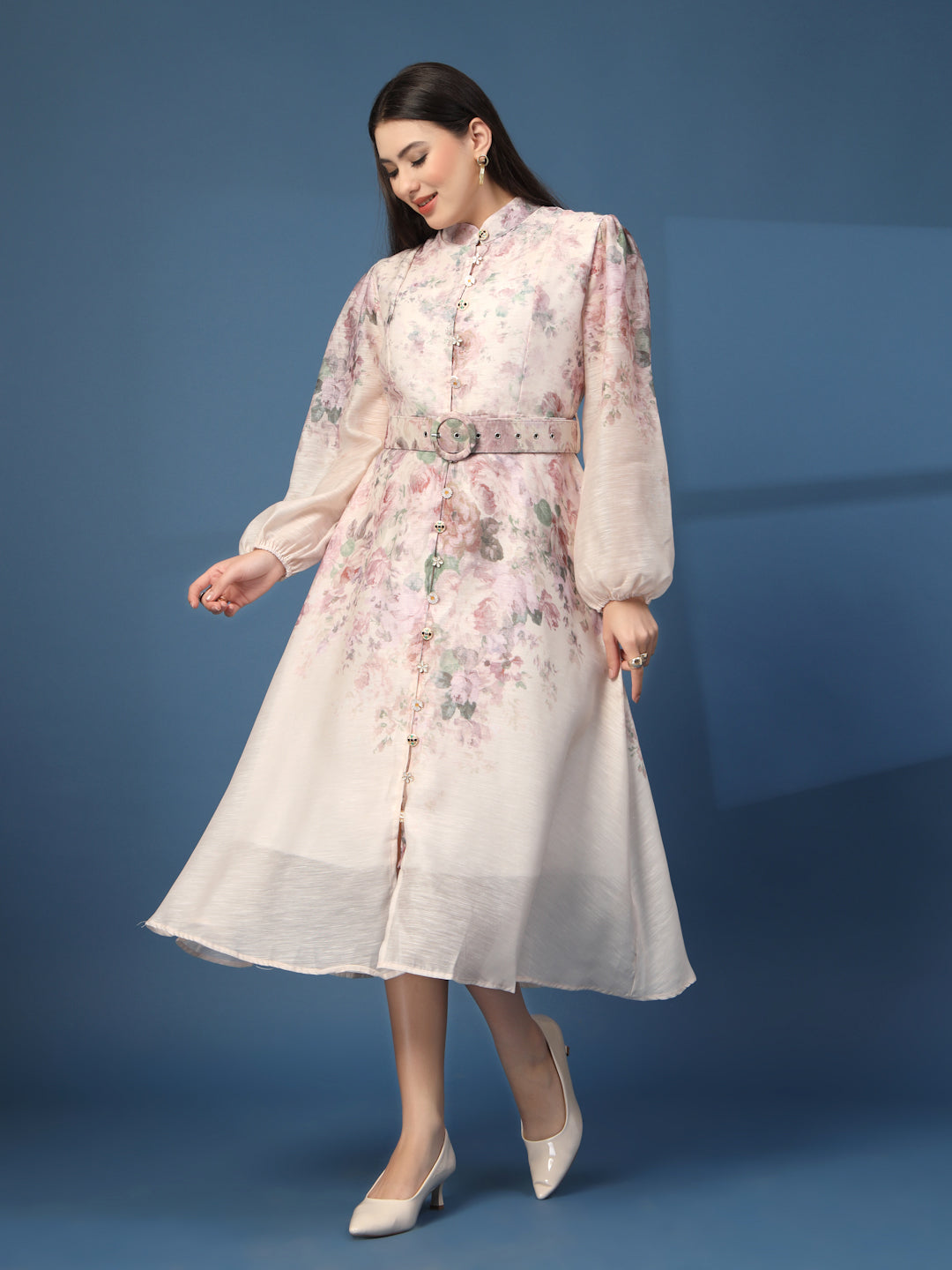 Thirty Threads Womens Peach Floral Mandrain Collar Calf Length Dress