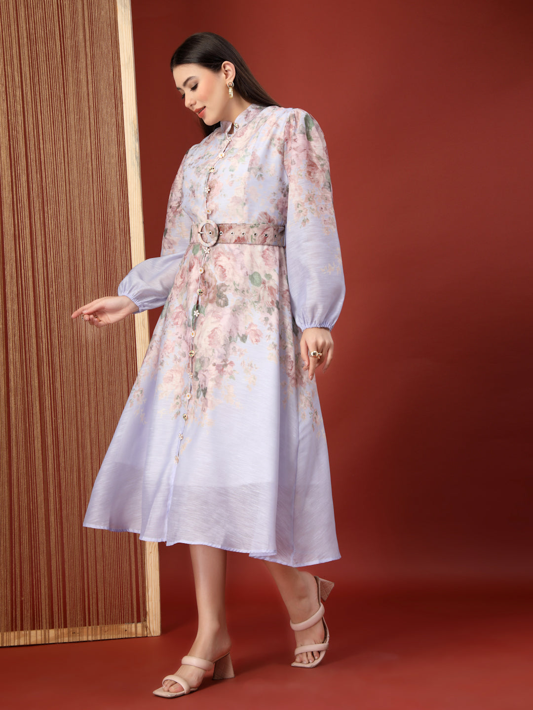 Thirty Threads Womens Peach Floral Mandrain Collar Calf Length Dress