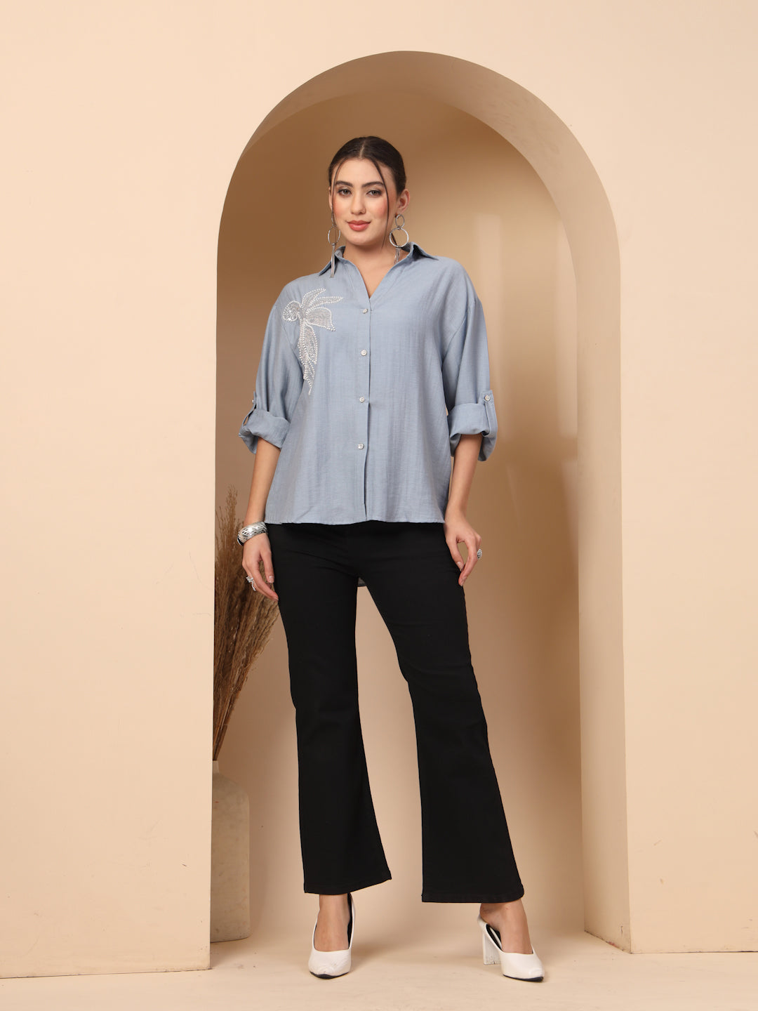 Thirty Threads Comfort Floral Embellished Spread Collar Relaxed Fit Casual Shirt