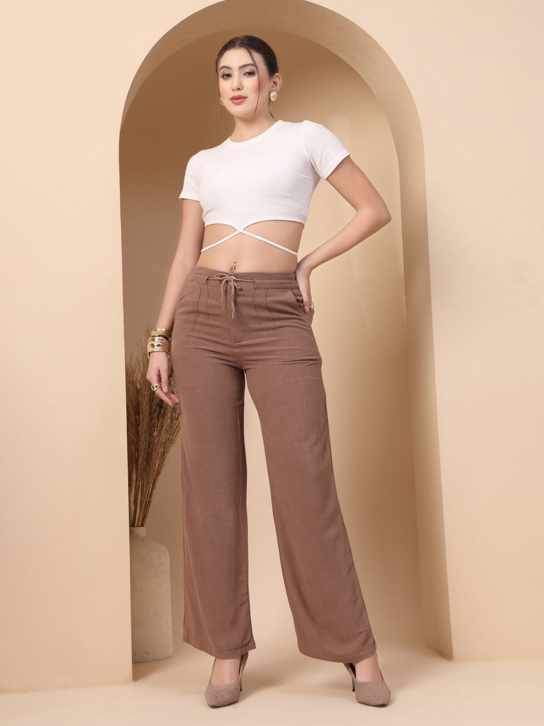 Thirty Threads Womens Beige Solid Ankle Length Palazoo