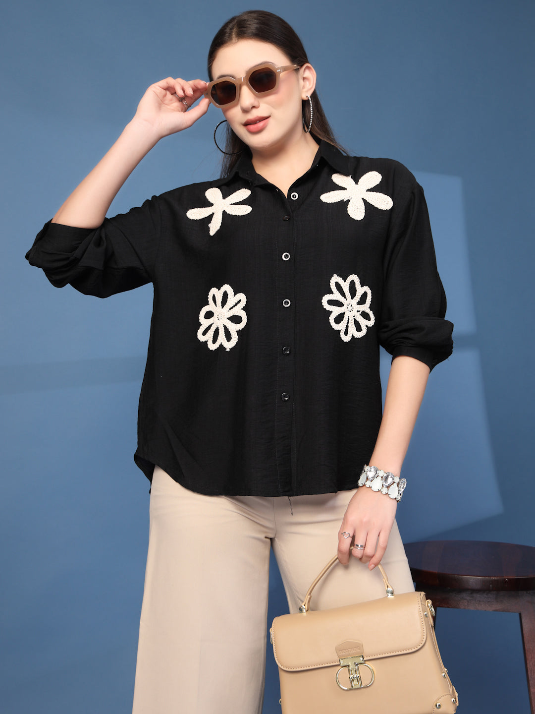Thirty Threads Womens Black Emboirered Collar Neck Long Sleeve Regular Length Shirt
