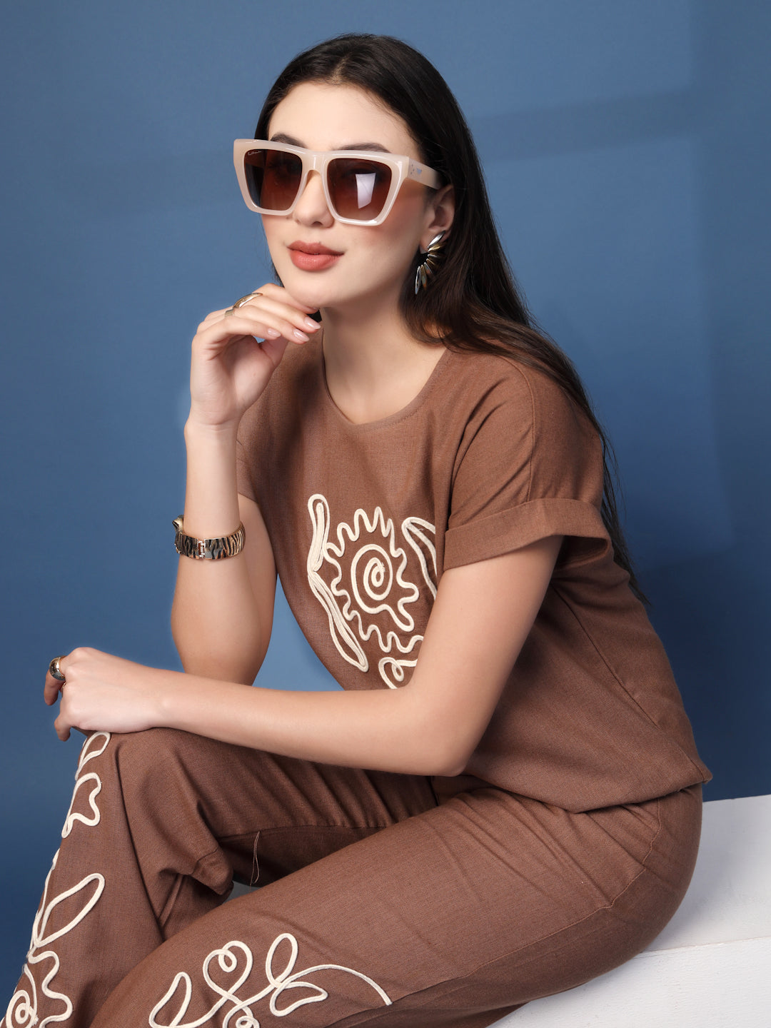 Thirty Threads Womens Blue Embroidered Round Neck Regular Co-Ord Set