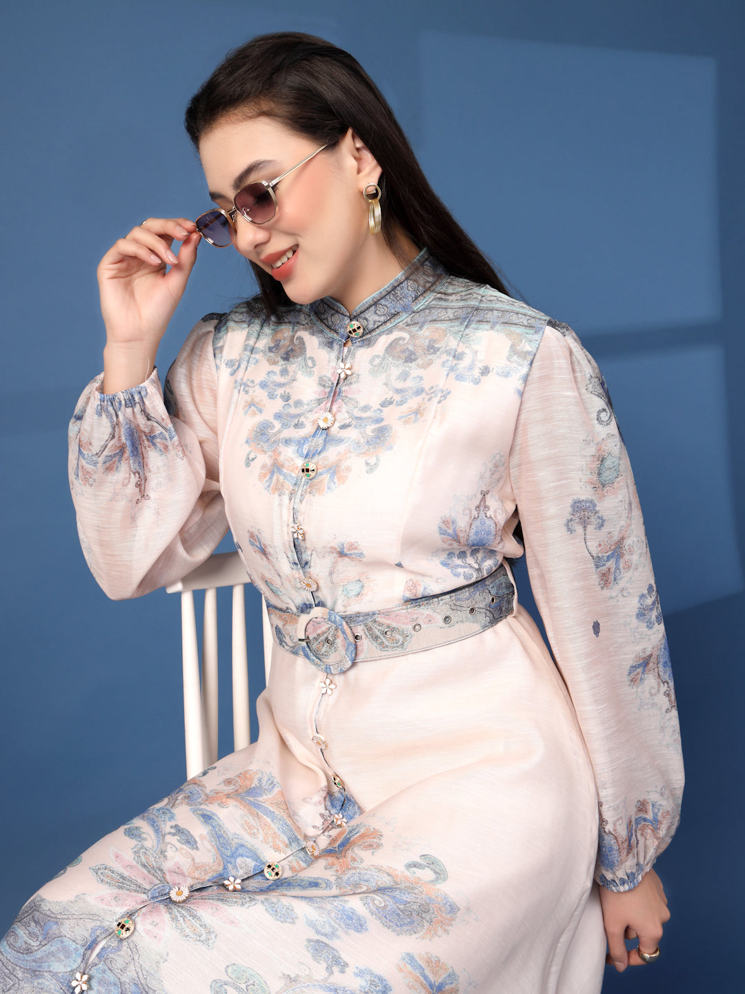 Thirty Threads Womens Multi Floral Mandrain Collar Calf Length Dress