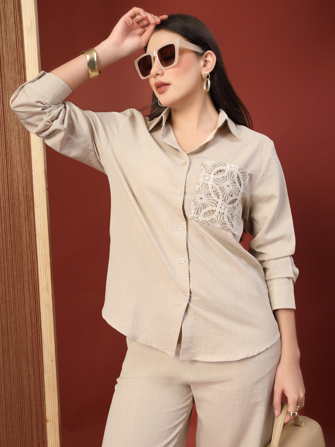 Thirty Threads Womens Beige Embroidered Collar Neck Regular Co-Ord Set