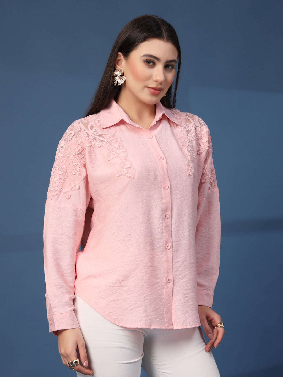 Thirty Threads Womens Peach Self Design Collar Neck Long Sleeve Regular Length Shirt