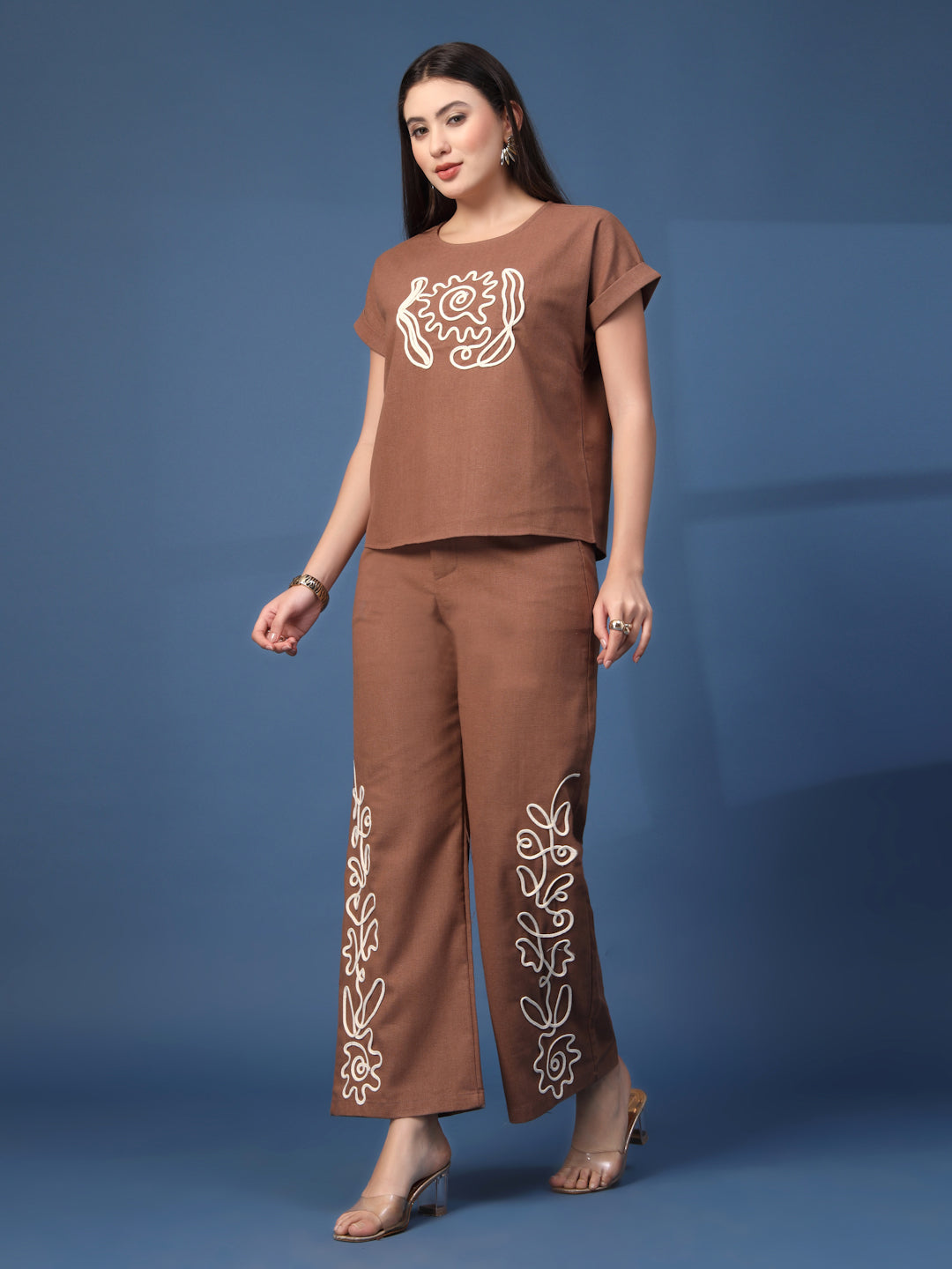 Thirty Threads Womens Blue Embroidered Round Neck Regular Co-Ord Set
