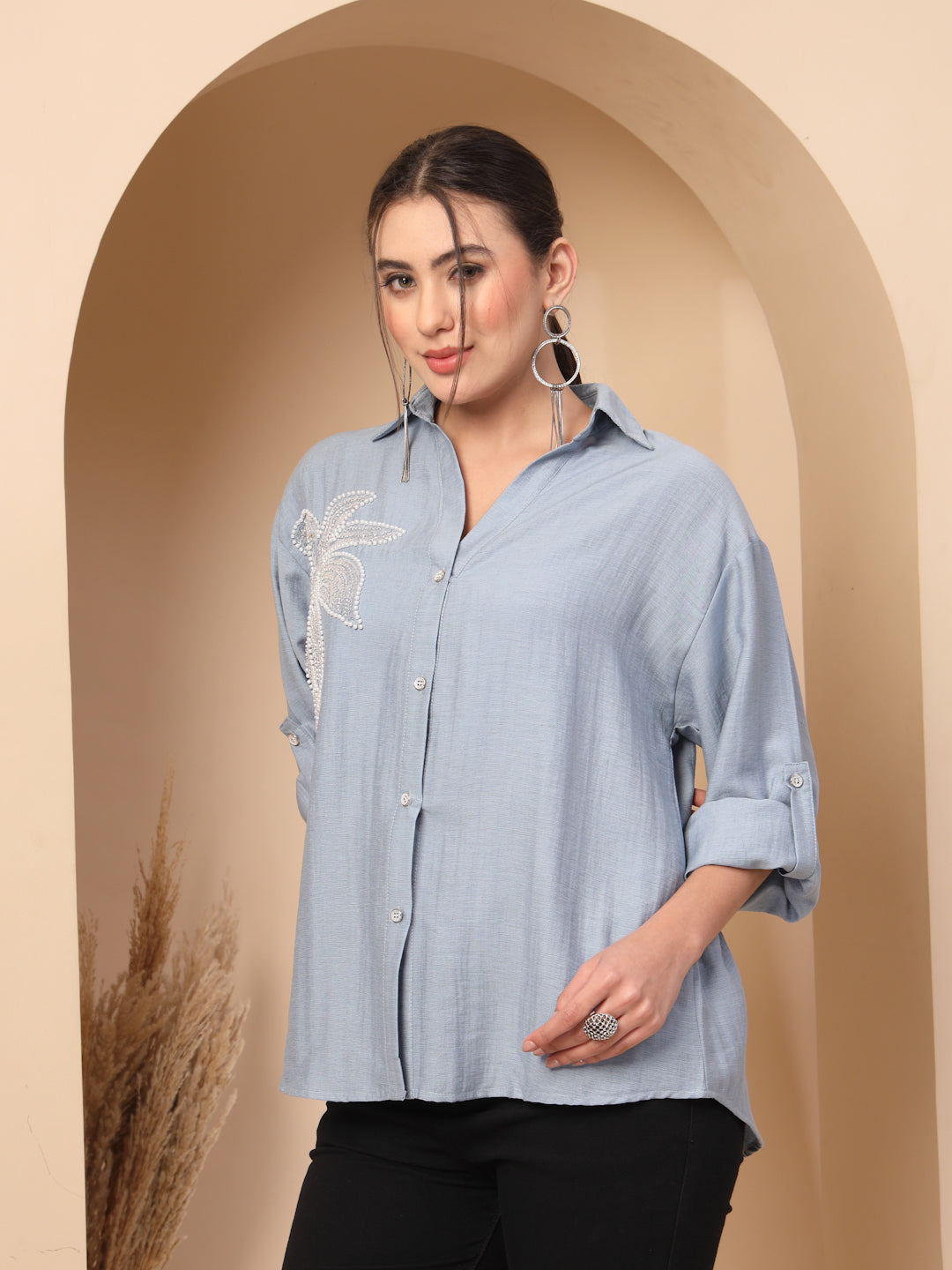 Thirty Threads Comfort Floral Embellished Spread Collar Relaxed Fit Casual Shirt