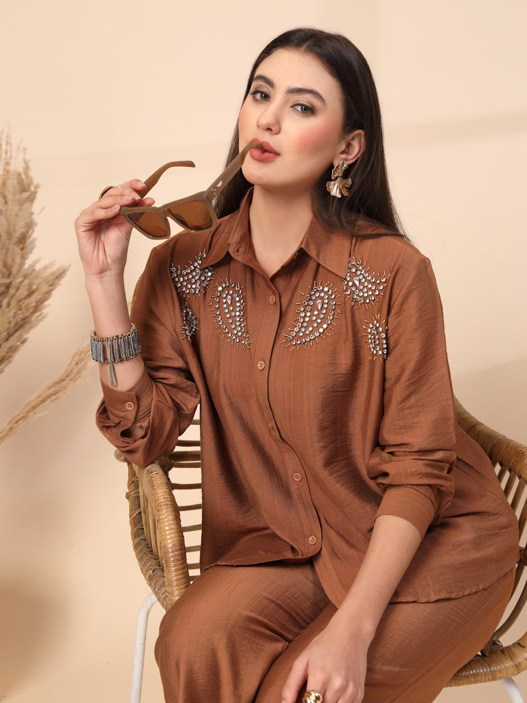 Thirty Threads Womens Green Embellished Collar Neck Regular Co-Ord Set