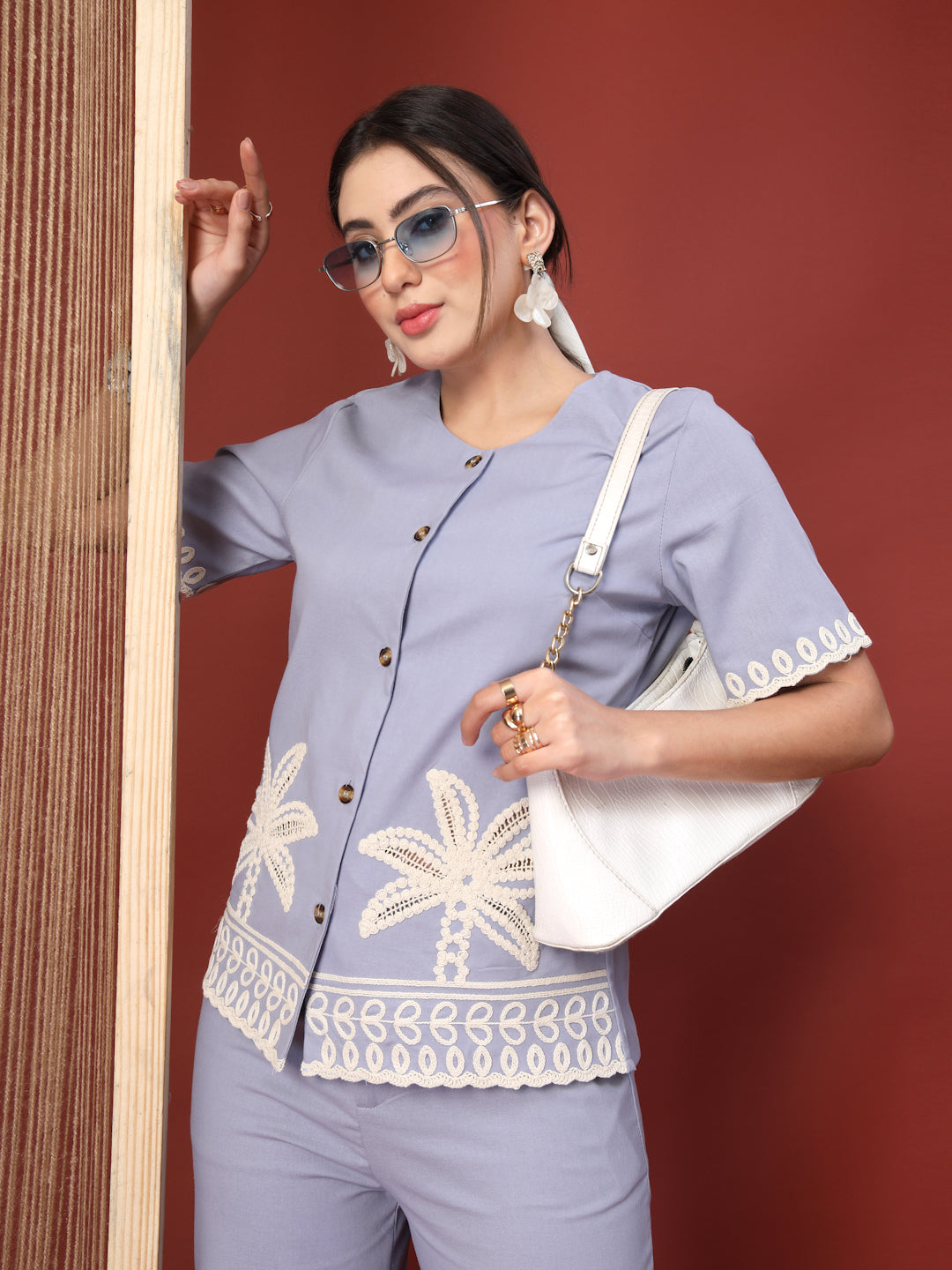Thirty Threads Womens Beige Embroidered Round Neck Regular Co-Ord Set