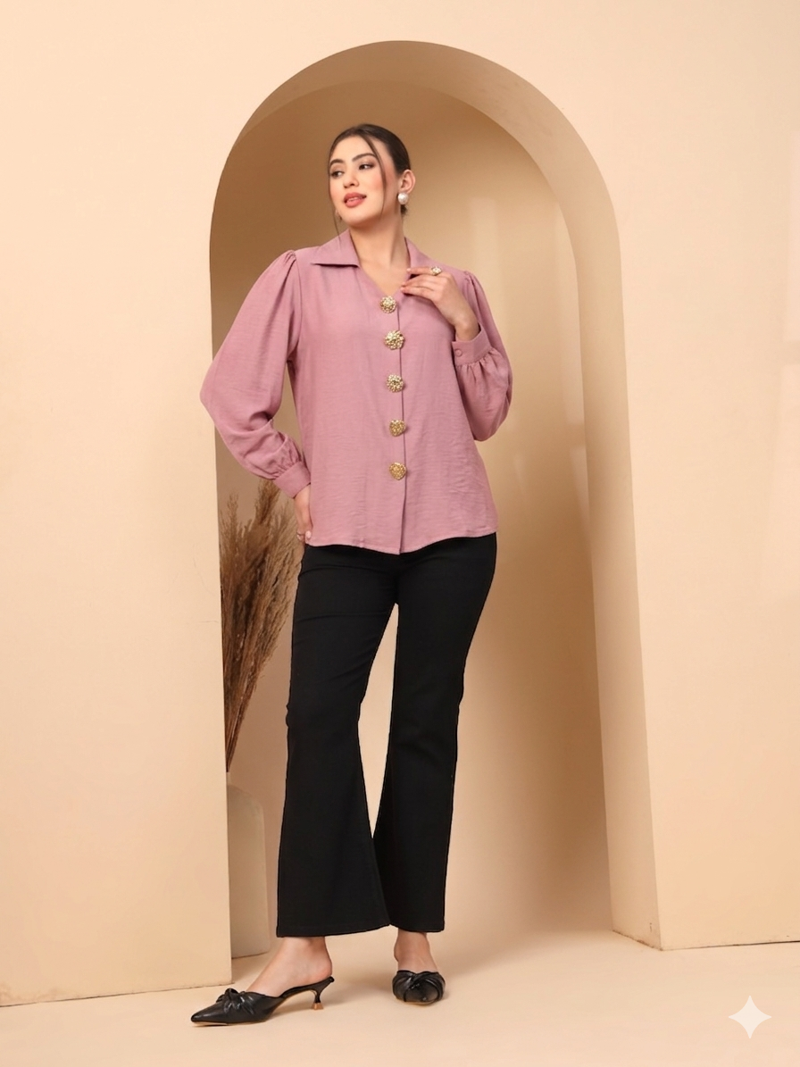 Thirty Threads Womens Beige Solid Collar Neck Long Sleeve Regular Length Shirt