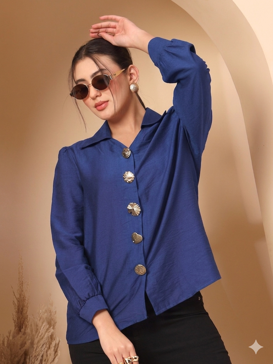 Thirty Threads Womens Royal Blue Solid Collar Neck Long Sleeve Regular Length Shirt