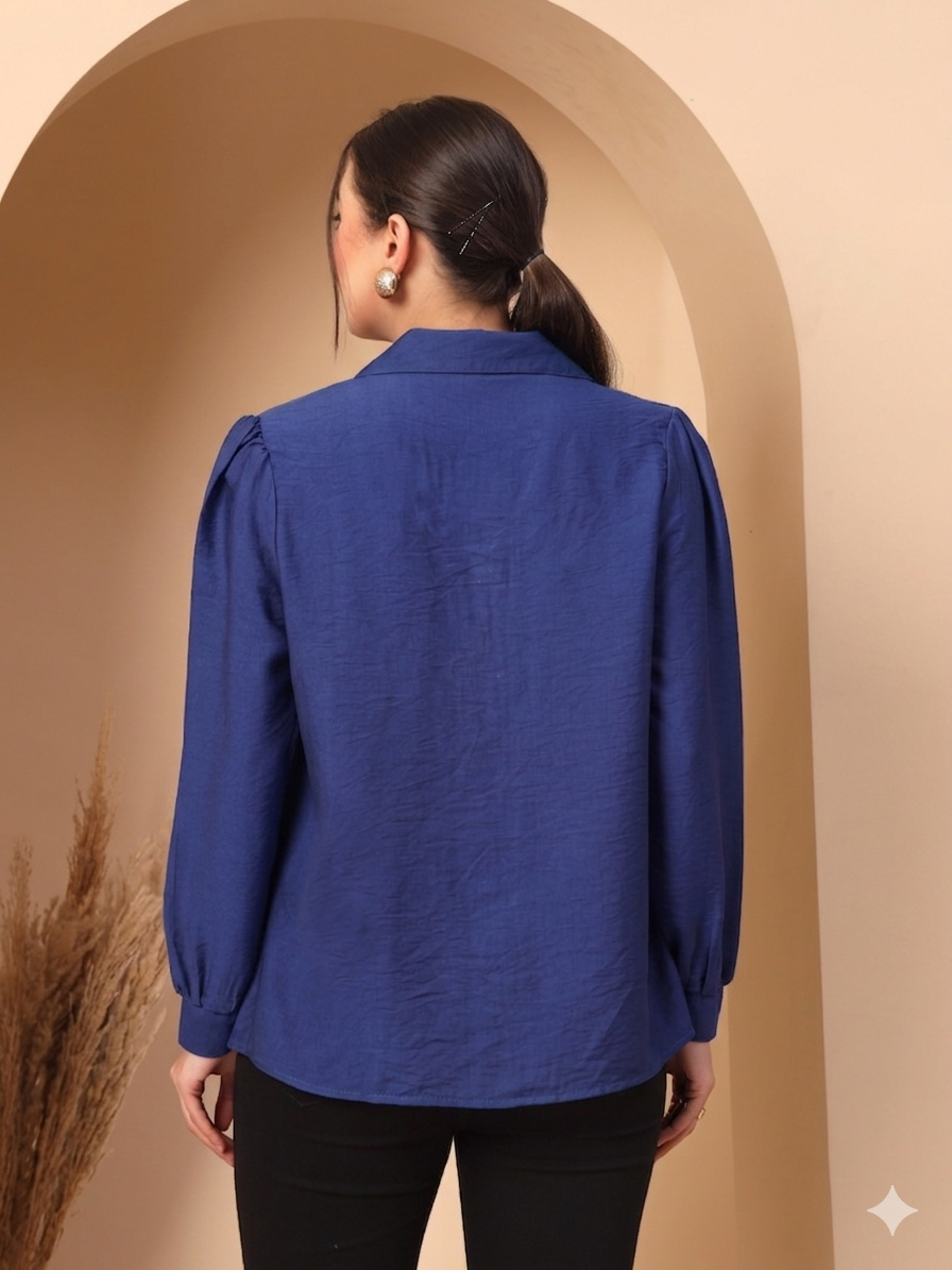 Thirty Threads Womens Royal Blue Solid Collar Neck Long Sleeve Regular Length Shirt