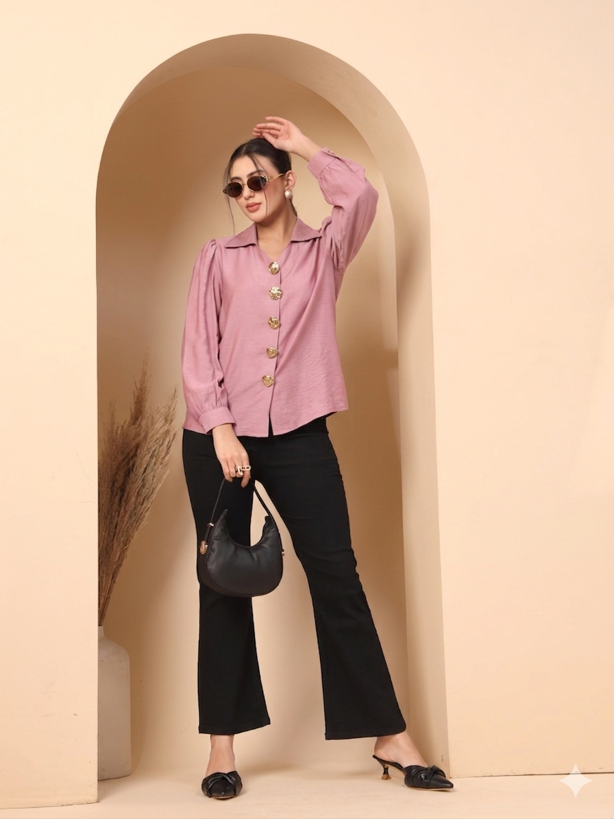 Thirty Threads Womens Beige Solid Collar Neck Long Sleeve Regular Length Shirt