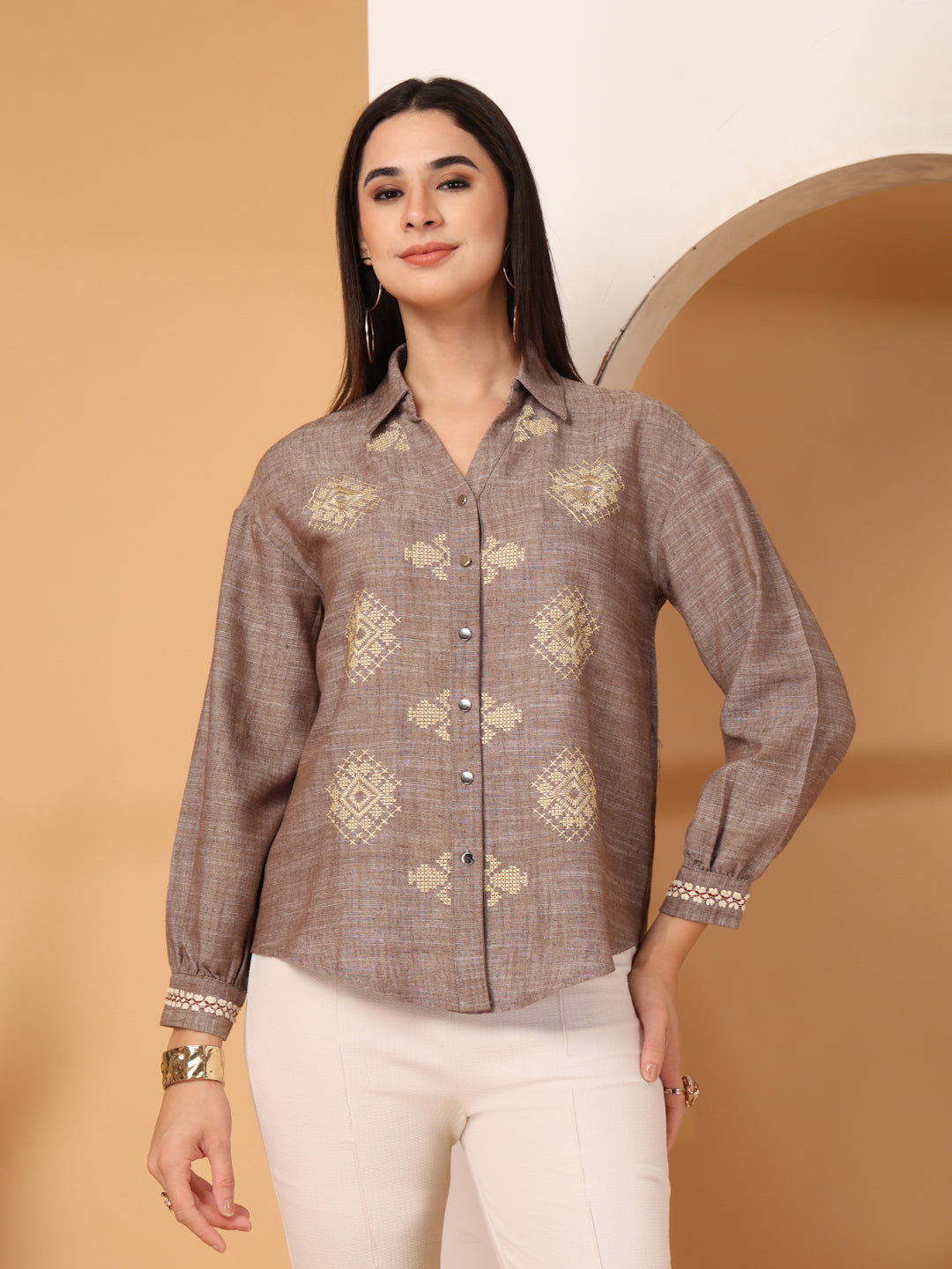 Thirty Threads Womens Brown Ethnic Motifs Collar Neck Long Sleeve Regular Length Shirt